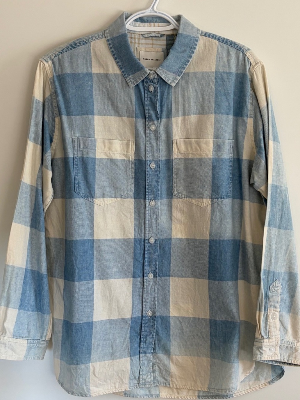 EUC American Eagle Women’s Oversized Flannel Button-Up Shirt Blue Plaid Small - Picture 4 of 10